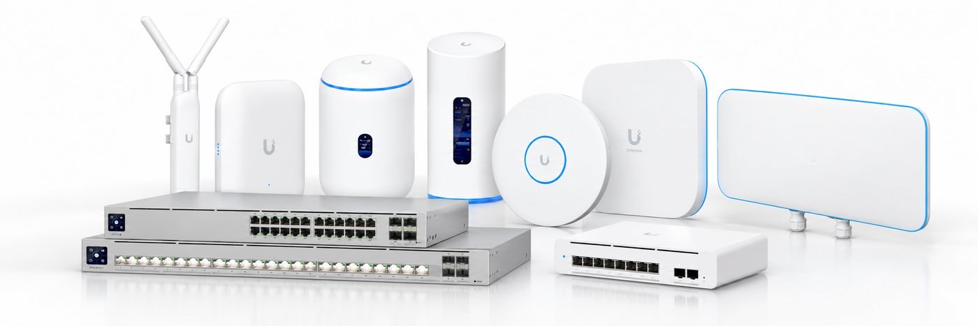Ubiquiti UniFi business networking lineup, including rack-mount network switches, a compact switch, Wi-Fi access points, outdoor access points and gateways