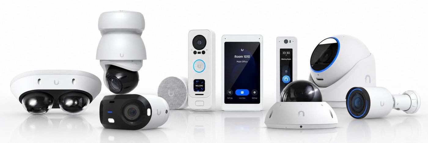 Ubiquiti UniFi business security camera and door access lineup from One-Stop, including dome, bullet, turret and PTZ cameras, a video doorbell, a door access reader and an access control touchscreen